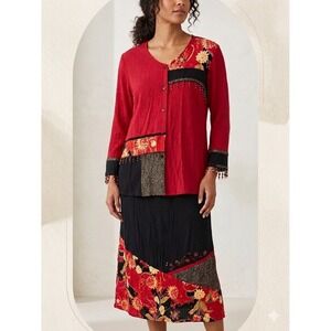 Napa Valley 2 Pc Skirt Set Women M Patchwork Boho Floral Button Top Midi Skirt